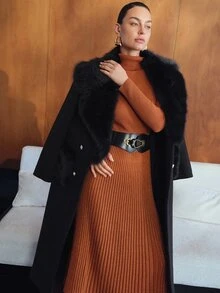 MOTF PREMIUM WOMEN'S AUTUMN/WINTER HIGH COLLAR SOLID COLOR RIBBED KNIT SWEATER DRESS, BELT NOT INCLUDED - Brown - View 7