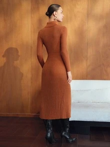 MOTF PREMIUM WOMEN'S AUTUMN/WINTER HIGH COLLAR SOLID COLOR RIBBED KNIT SWEATER DRESS, BELT NOT INCLUDED - Brown - View 3