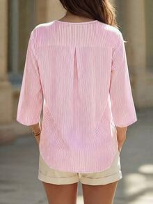 EMERY ROSE Women's Casual V-Neck 3/4 Sleeve Striped Cotton Shirt - Pink - View 2