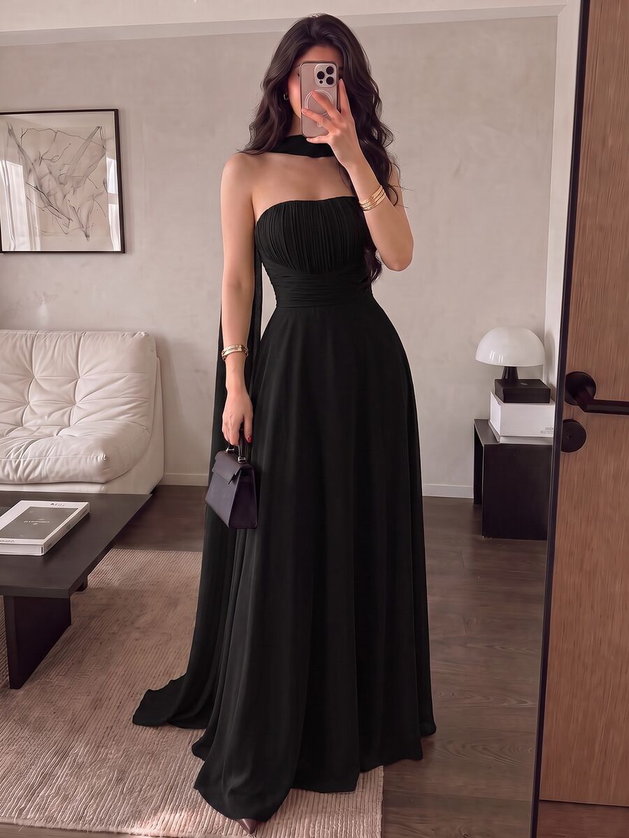 Poshira High-End Evening Gown Ball Dress Elegant Elegant Luxury Strapless Dress With Ribbon Design - Black - View 1