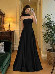 Poshira High-End Evening Gown Ball Dress Elegant Elegant Luxury Strapless Dress With Ribbon Design - Black - View 4