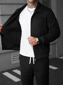 Manfinity Roughcore Men's Faux Suede Zip-Up Long Sleeve Jacket And Drawstring Waist Pocket Pants Set - Black - View 8