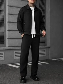 Manfinity Roughcore Men's Faux Suede Zip-Up Long Sleeve Jacket And Drawstring Waist Pocket Pants Set - Black - View 5