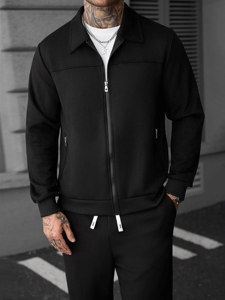 Manfinity Roughcore Men's Faux Suede Zip-Up Long Sleeve Jacket And Drawstring Waist Pocket Pants Set - Black - View 1