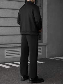 Manfinity Roughcore Men's Faux Suede Zip-Up Long Sleeve Jacket And Drawstring Waist Pocket Pants Set - Black - View 4