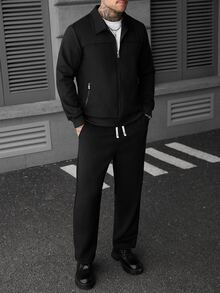 Manfinity Roughcore Men's Faux Suede Zip-Up Long Sleeve Jacket And Drawstring Waist Pocket Pants Set - Black - View 6