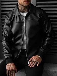 SLATEMANN Men's Fashion Zipper Pocket Long Sleeve PU Material Jacket - Black - View 6