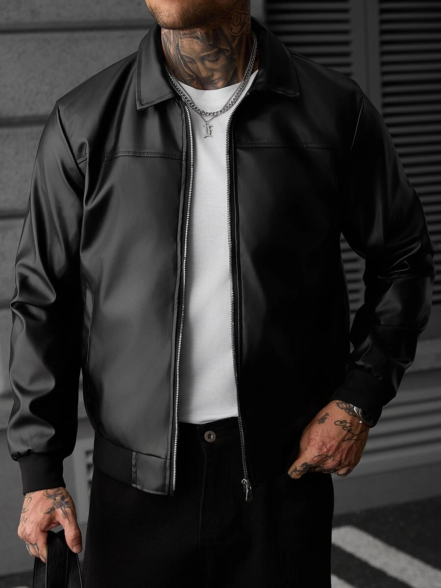 SLATEMANN Men's Fashion Zipper Pocket Long Sleeve PU Material Jacket - Black - View 1