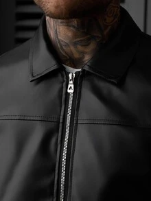 SLATEMANN Men's Fashion Zipper Pocket Long Sleeve PU Material Jacket - Black - View 3
