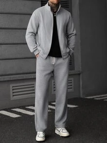 SLATEMANN 男士拉鍊長袖夾克與抽繩腰工裝褲套裝 - 灰色 - 查看 1