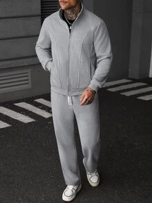 SLATEMANN 男士拉鍊長袖夾克與抽繩腰工裝褲套裝 - 灰色 - 查看 3