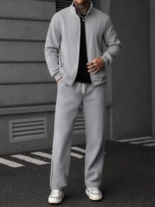 SLATEMANN 男士拉鍊長袖夾克與抽繩腰工裝褲套裝 - 灰色 - 查看 4