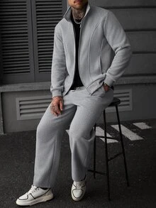 SLATEMANN 男士拉鍊長袖夾克與抽繩腰工裝褲套裝 - 灰色 - 查看 6