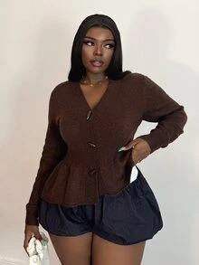 Selianne Vintage Chic Design V-Neck Long Sleeve Knit Cardigan, Slimming Waist, Autumn/Winter - Brown - View 1
