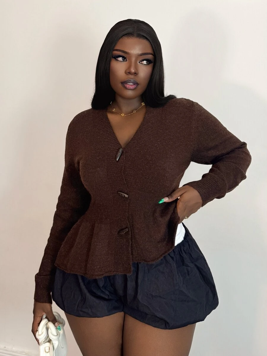 Selianne Vintage Chic Design V-Neck Long Sleeve Knit Cardigan, Slimming Waist, Autumn/Winter - Brown - View 1