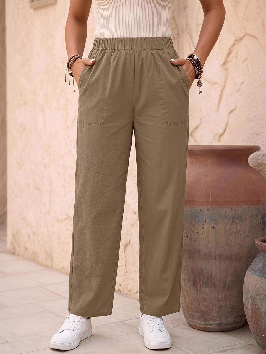 EMERY ROSE Solid Slant Pocket Pants - Khaki - View 1