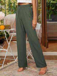 EMERY ROSE Solid Elastic Waist Straight Leg Pants - Army Green - View 3
