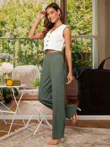 EMERY ROSE Solid Elastic Waist Straight Leg Pants - Army Green - View 8