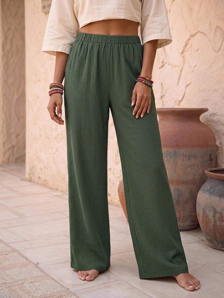 EMERY ROSE Solid Elastic Waist Straight Leg Pants - Army Green - View 1