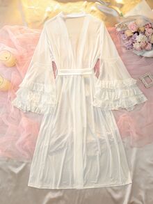 DelicateAllure Camisón de talla grande con encaje elegante romántico noble, patchwork, mangas acampanadas, malla transparente y lazo - Blanco - Ver 7