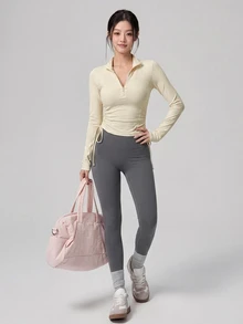 DAZY Women's Solid Color Ruched Casual Versatile Daily Travel Sports T-Shirt Fall - Beige - View 5