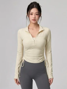 DAZY Women's Solid Color Ruched Casual Versatile Daily Travel Sports T-Shirt Fall - Beige - View 6