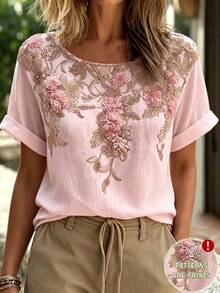 SHEIN LUNE Women's Casual Floral Print Round Neck T-Shirt, Versatile For Daily Wear - Pink - View 1