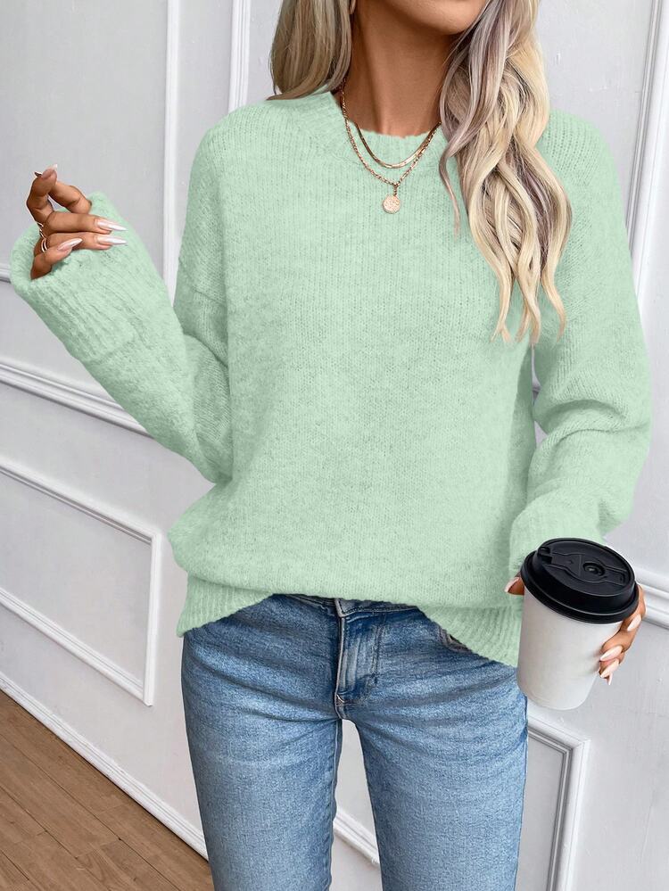 SHEIN [5 Wool Content]Women's Autumn/Winter Mint Green Round Neck Folded Sleeve Loose Drop Shoulder Wool Blend Knit Sweater, Casual Simple, Travel - Mint Green - View 6