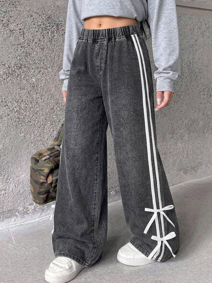 SHEIN Teen Girl Loose And Comfortable Side-Sewn Ribbon Bow Black Loose Wide-Leg Jeans Black To School - Black - View 1