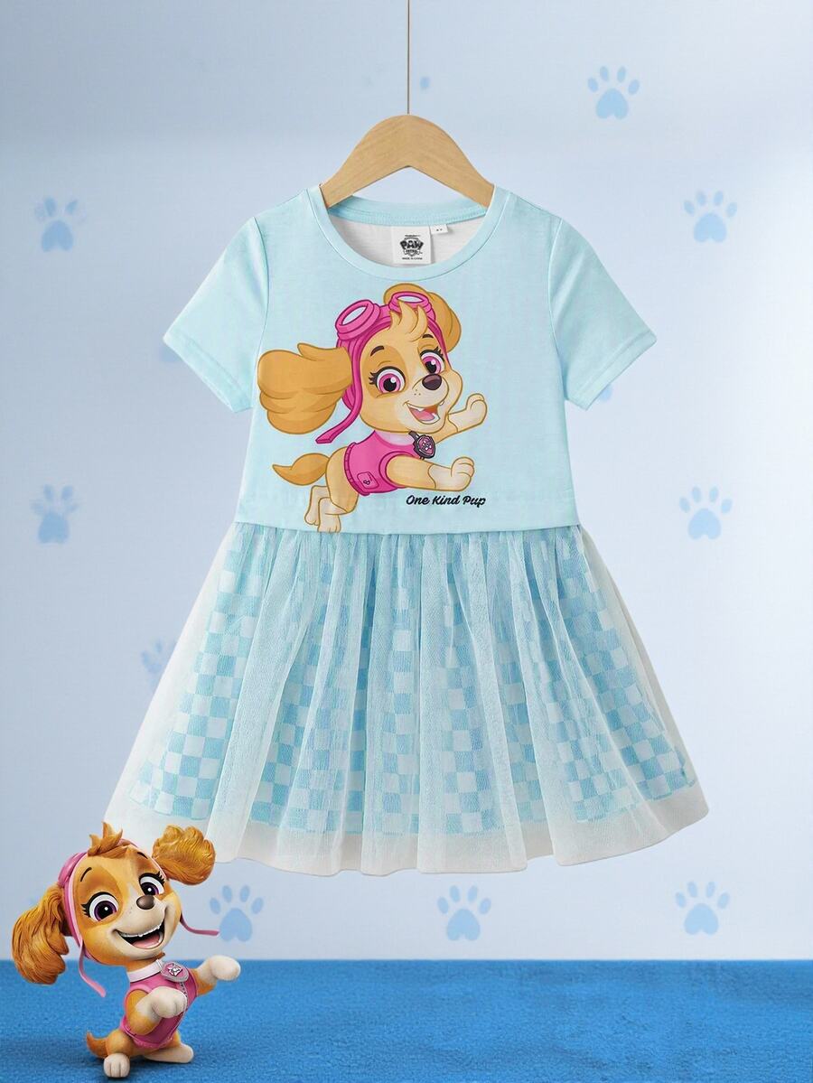 SHEIN | PAW Patrol 少女卡通印花網格拼接時尚夏季洋裝 - 藍色 - 查看 1