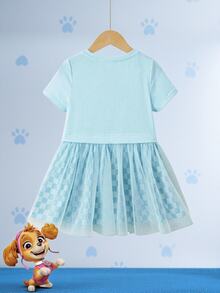 SHEIN | PAW Patrol 少女卡通印花網格拼接時尚夏季洋裝 - 藍色 - 查看 2