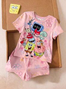 SpongeBob SquarePants | SHEIN 女童卡通印花短袖上衣與短褲休閒日常套裝 - 粉色 - 查看 3