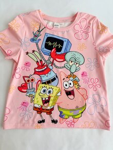 SpongeBob SquarePants | SHEIN 女童卡通印花短袖上衣與短褲休閒日常套裝 - 粉色 - 查看 6