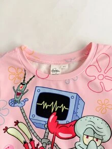 SpongeBob SquarePants | SHEIN 女童卡通印花短袖上衣與短褲休閒日常套裝 - 粉色 - 查看 4