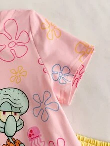 SpongeBob SquarePants | SHEIN 女童卡通印花短袖上衣與短褲休閒日常套裝 - 粉色 - 查看 5