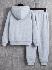 SHEIN 2件組兒童青少年男孩休閒運動字母圖案灰色連帽長袖衛衣與長褲套裝，適合通勤、上學、日常休閒、度假、旅行、運動，秋冬穿著 - 灰色 - 查看 4
