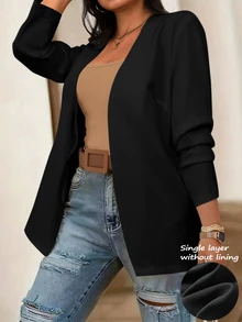 EMERY ROSE Plus Size Solid Long Sleeve Blazer, Fashion For Summer Graduation, Back To School, Teacher For Women Fall For Women Autumn - Black - View 1