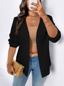 EMERY ROSE Plus Size Solid Long Sleeve Blazer, Fashion For Summer Graduation, Back To School, Teacher For Women Fall For Women Autumn - Black - View 3