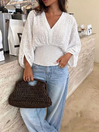 Lucivie Women's Elegant Casual Vintage White Eyelet Cropped Blouse, V‑Neck Batwing Bubble Sleeve Smocked Waist Retro Top For Women Fall Going‑Out Outfits