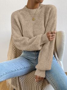 SHEIN LUNE 2026 早秋/冬季新款女款燕麥色純色圓領泡泡袖針織毛衣，休閒套頭衫，適合日常穿著、街頭穿搭、度假 - 摩卡棕 - 查看 7