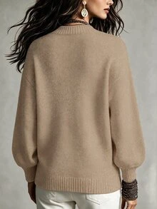 SHEIN LUNE 2026 早秋/冬季新款女款燕麥色純色圓領泡泡袖針織毛衣，休閒套頭衫，適合日常穿著、街頭穿搭、度假 - 摩卡棕 - 查看 2