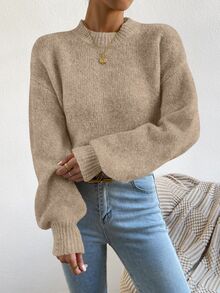 SHEIN LUNE 2026 早秋/冬季新款女款燕麥色純色圓領泡泡袖針織毛衣，休閒套頭衫，適合日常穿著、街頭穿搭、度假 - 摩卡棕 - 查看 4