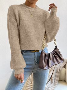 SHEIN LUNE 2026 早秋/冬季新款女款燕麥色純色圓領泡泡袖針織毛衣，休閒套頭衫，適合日常穿著、街頭穿搭、度假 - 摩卡棕 - 查看 6