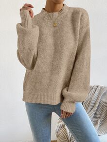 SHEIN LUNE 2026 早秋/冬季新款女款燕麥色純色圓領泡泡袖針織毛衣，休閒套頭衫，適合日常穿著、街頭穿搭、度假 - 摩卡棕 - 查看 5