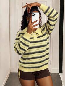 SHEIN BamGlam Women's Casual Colorblock Striped Sweater, Autumn/Winter - Yellow - View 4