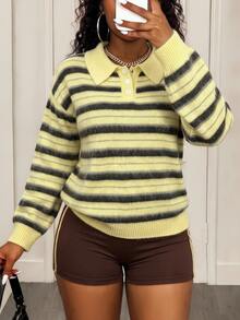 SHEIN BamGlam Women's Casual Colorblock Striped Sweater, Autumn/Winter - Yellow - View 7