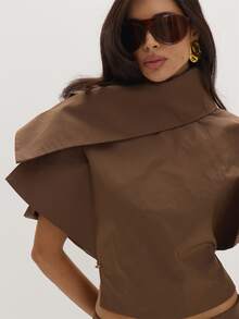 MUSEYN Brown Chocolate Woven Structured Asymmetric Oversized Collar Top Tailored Polished Crisp Everyday Casual Fall New Season Capsule Wardrobe - Brown - View 2