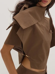 MUSEYN Brown Chocolate Woven Structured Asymmetric Oversized Collar Top Tailored Polished Crisp Everyday Casual Fall New Season Capsule Wardrobe - Brown - View 4