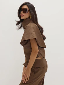 MUSEYN Brown Chocolate Woven Structured Asymmetric Oversized Collar Top Tailored Polished Crisp Everyday Casual Fall New Season Capsule Wardrobe - Brown - View 6