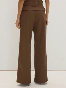 MUSEYN Brown Chocolate Woven Folded Waistband Wide Leg Trousers Structured Tailored Polished Everyday Office Fall New Season Capsule Wardrobe - Brown - View 5